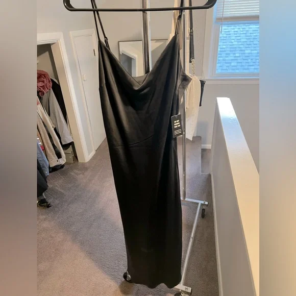 knee length dresses for ladies Black Satin Cowl Neck Backless Slip Midi Dress main image 0